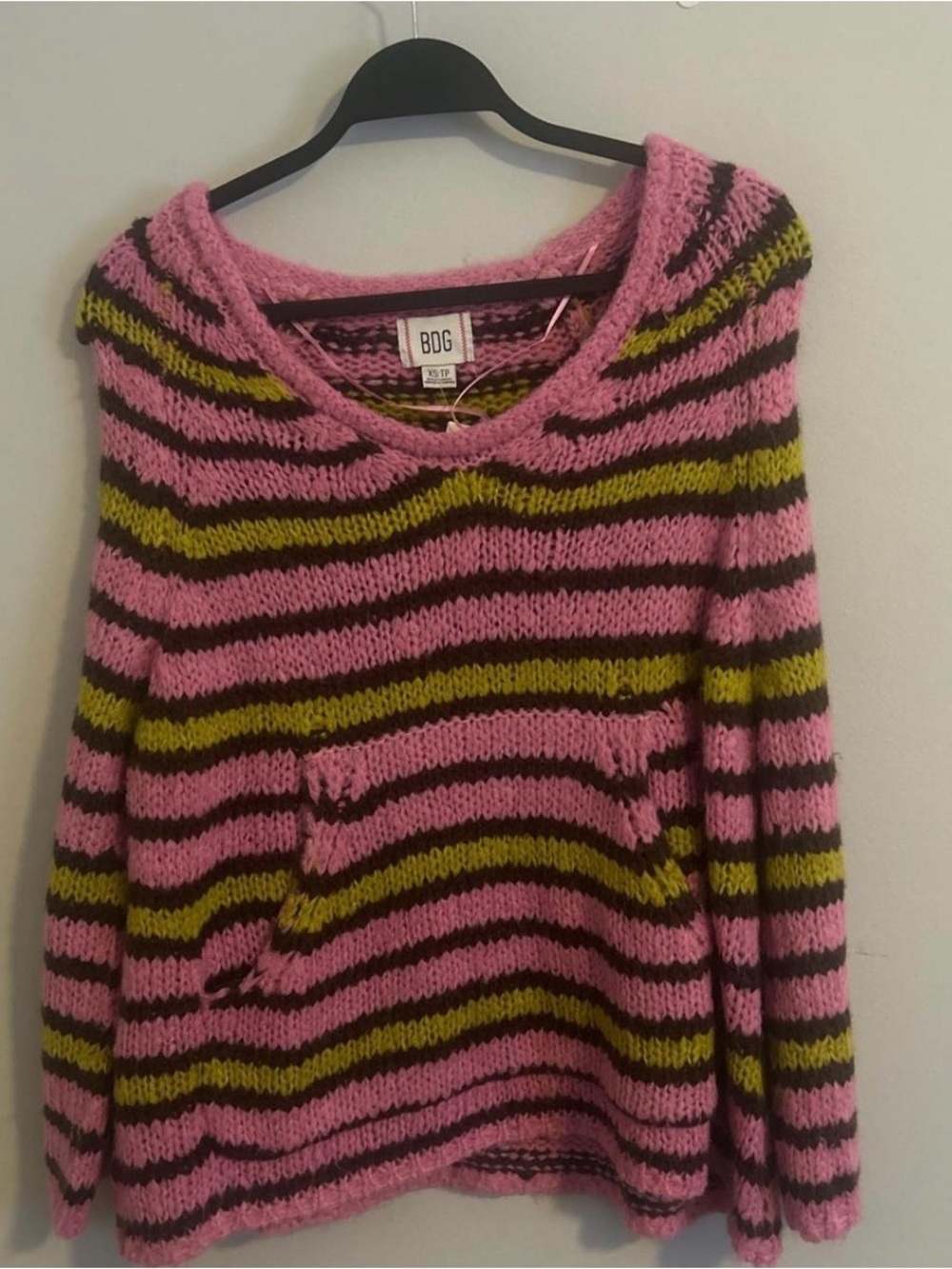 BDG Pink, Olive & Black Striped Crew Sweater
